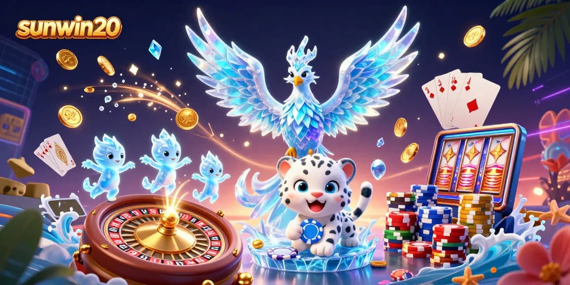 Engage in thrilling gameplay with sunwin20, featuring ice-themed characters amidst cascading coins and poker elements.