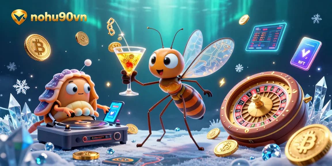 Nohu90vn brings casino gaming to life with a vibrant 3D illustration of a mosquito mascot and a trilobite DJ.