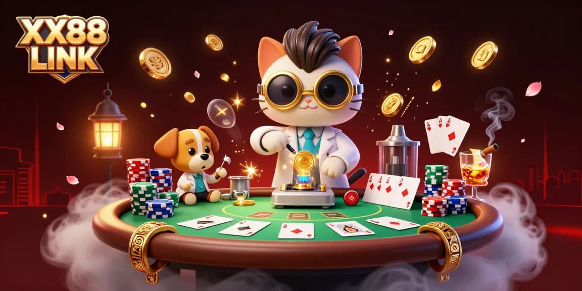Engage in dynamic gambling action with XX88 LINK at a lively 3D casino scene filled with poker elements.