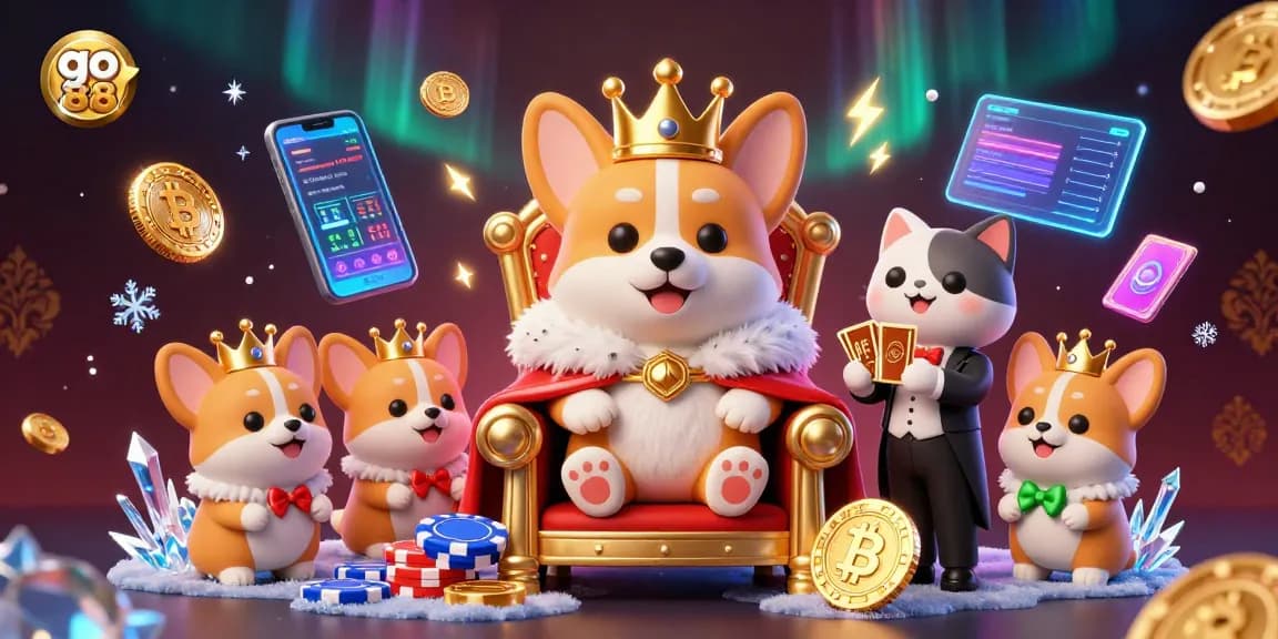 Get ready to win big with go 88, a royal corgi on a poker chip throne showcases a dazzling casino scene.