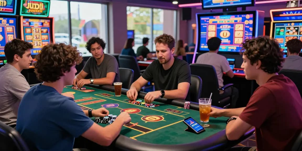 Engaged players enjoying judi slot in an exciting online casino environment with colorful lights and digital displays.