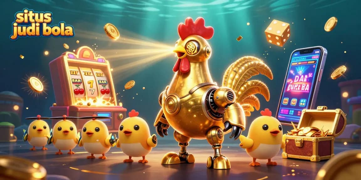 Engage in situs judi bola with a vibrant golden rooster hero and dynamic casino elements.