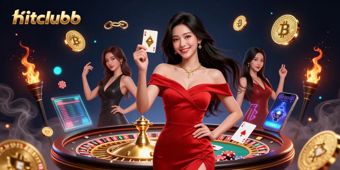 Engage with hitclubb's vibrant casino scene featuring a confident woman holding a playing card.