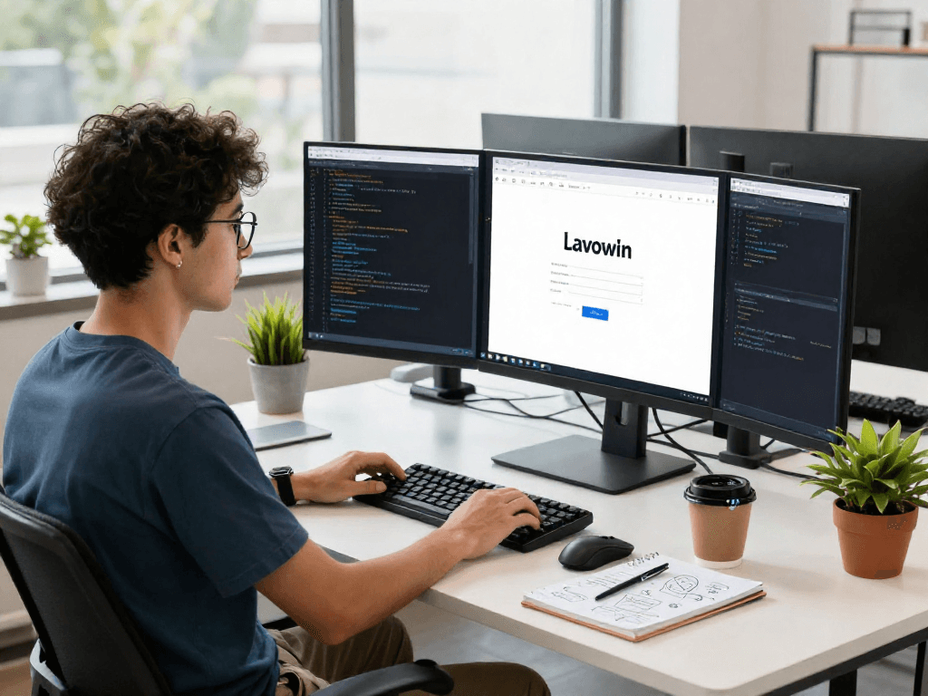 Engaging workspace scene featuring a professional focused on Lavowin login amidst tech gadgets and natural light.