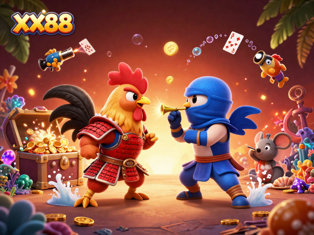 Experience the thrill of XX88 with dynamic roosters in a dramatic standoff amidst colorful gambling elements.