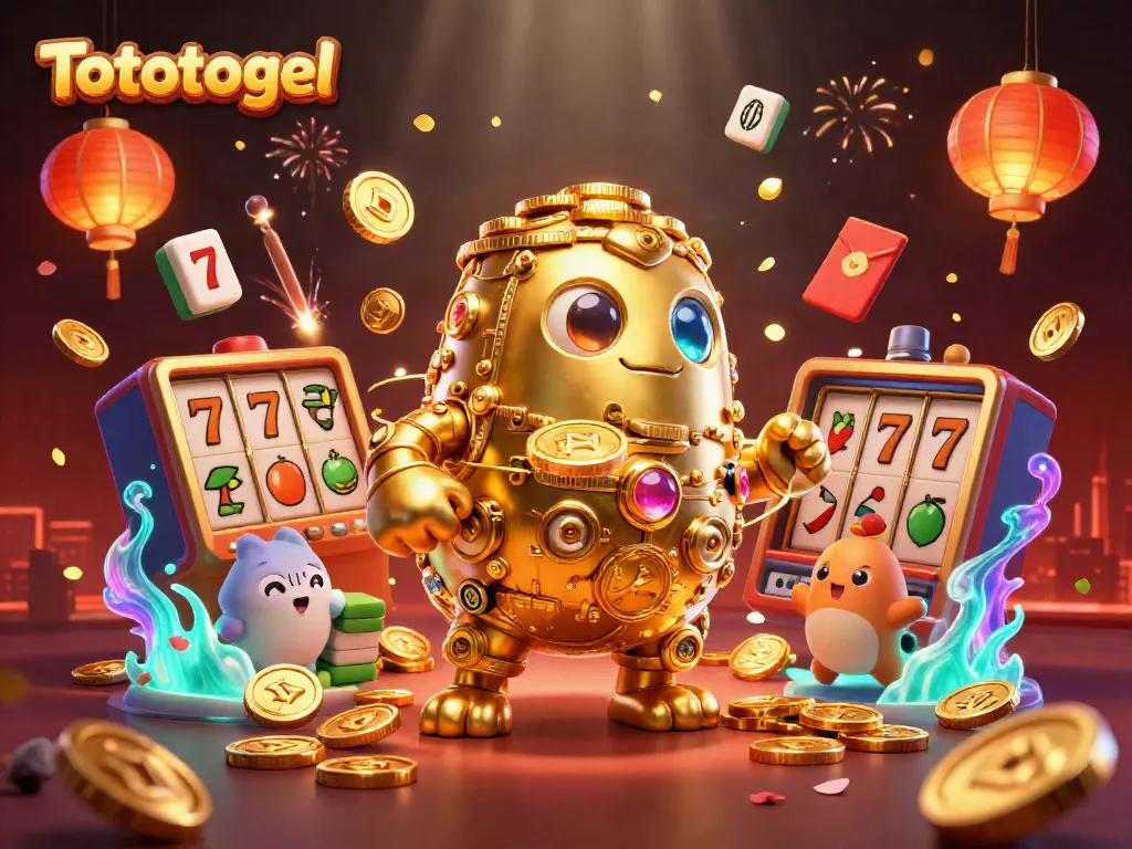 Slot simbol Tototogel yang berdenyut dengan karakter golem dan elemen kasino berkilauan.