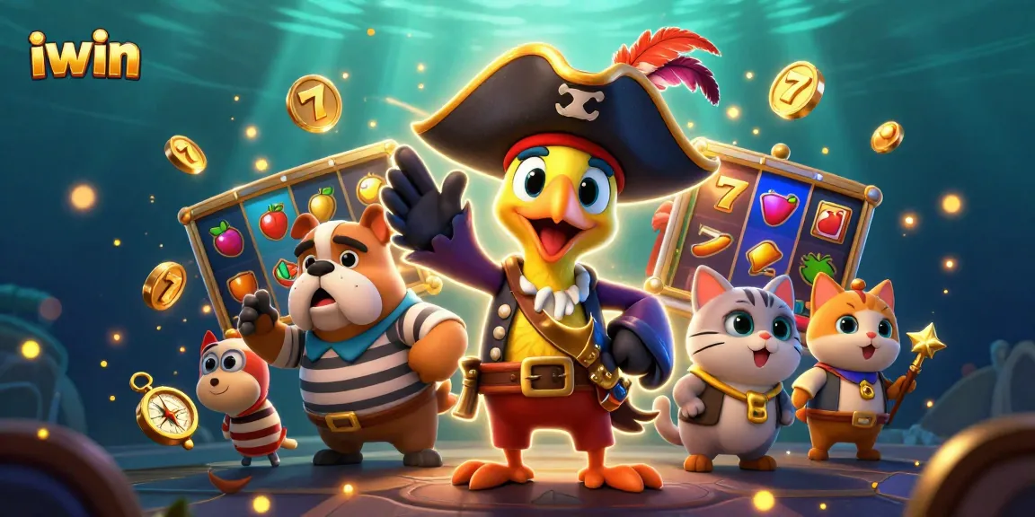 iwin slots scene showcasing a cartoon pirate captain and friends with rich colorful details.