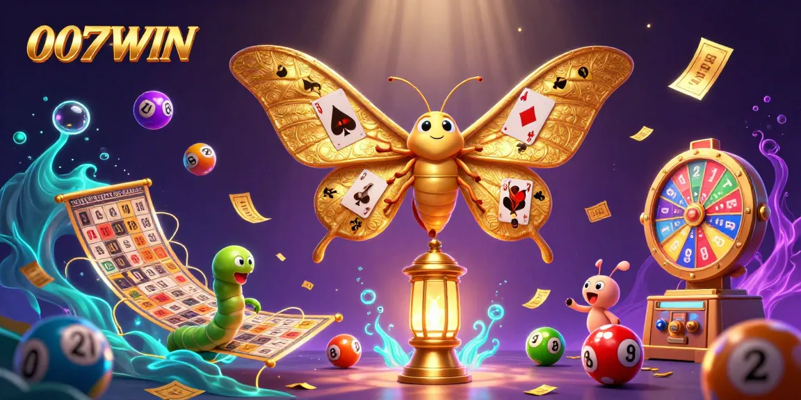 Experience 007WIN's vibrant casino atmosphere with a colorful lottery ball explosion and golden moth.