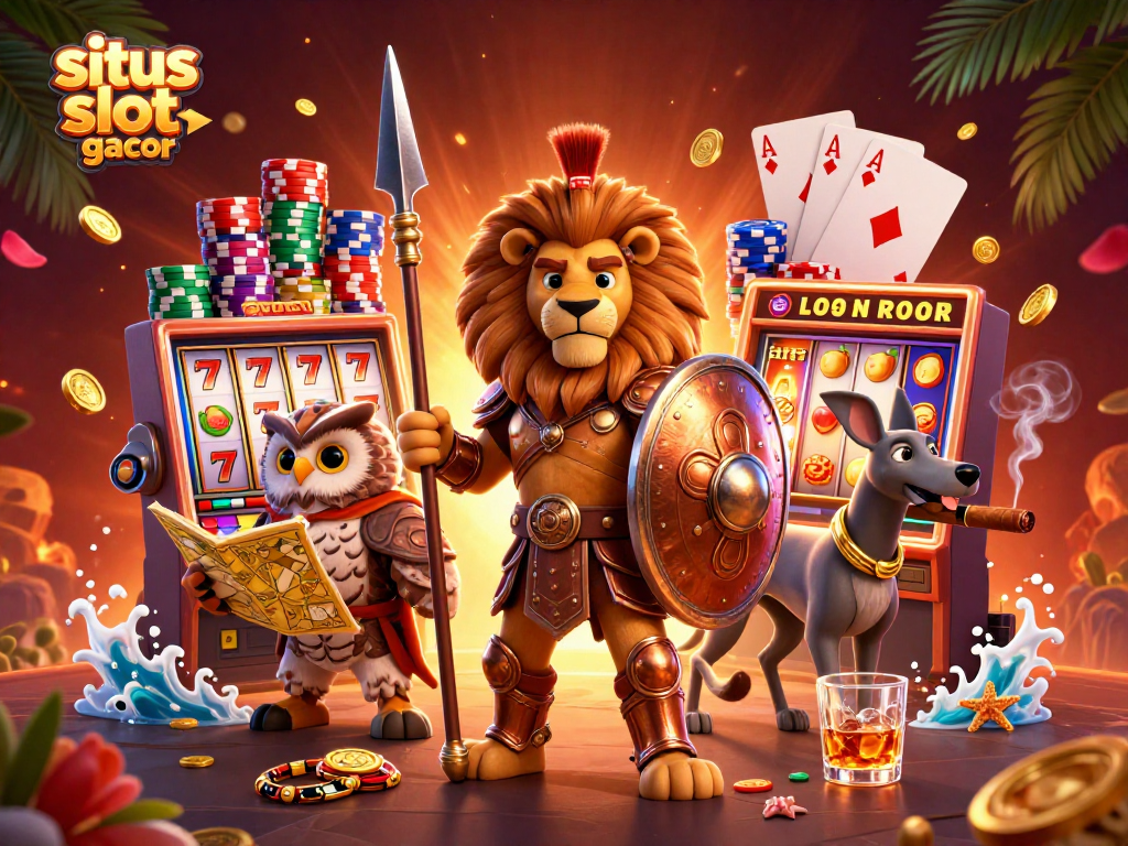 Experience situs slot gacor with a vibrant 3D illustration of characters amidst slot reels and casino elements.