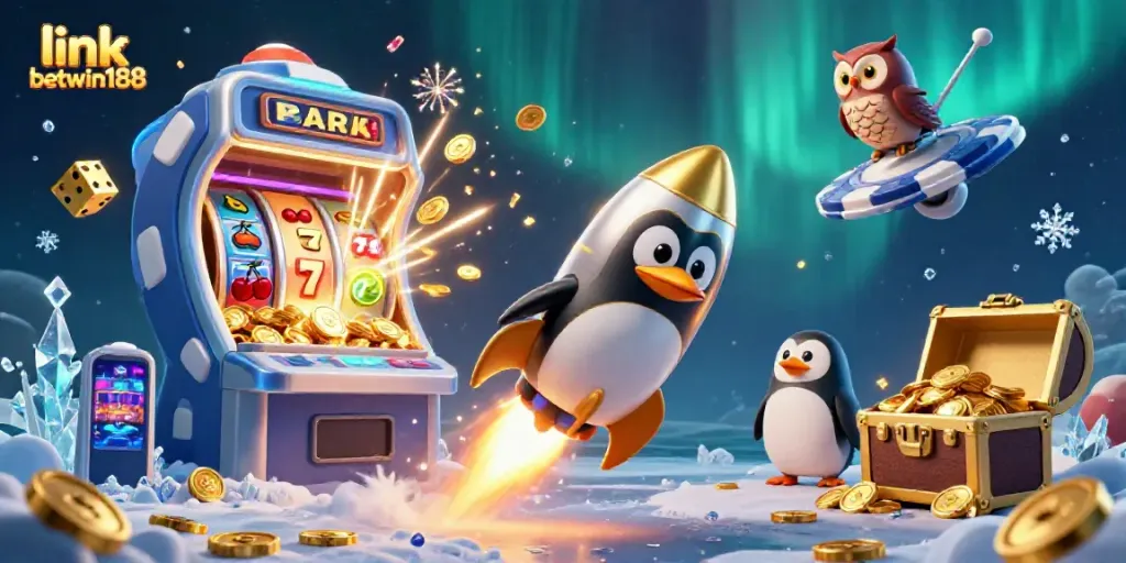 Akses link betwin188 dengan cepat melalui ilustrasi penuh warna yang menunjukkan penguin emas dan mesin slot 3D.