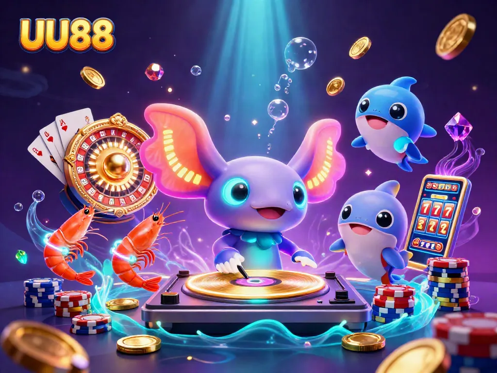 Experience the thrill of winning at UU88 with a vibrant and dynamic casino scene featuring neon characters and gaming elements.