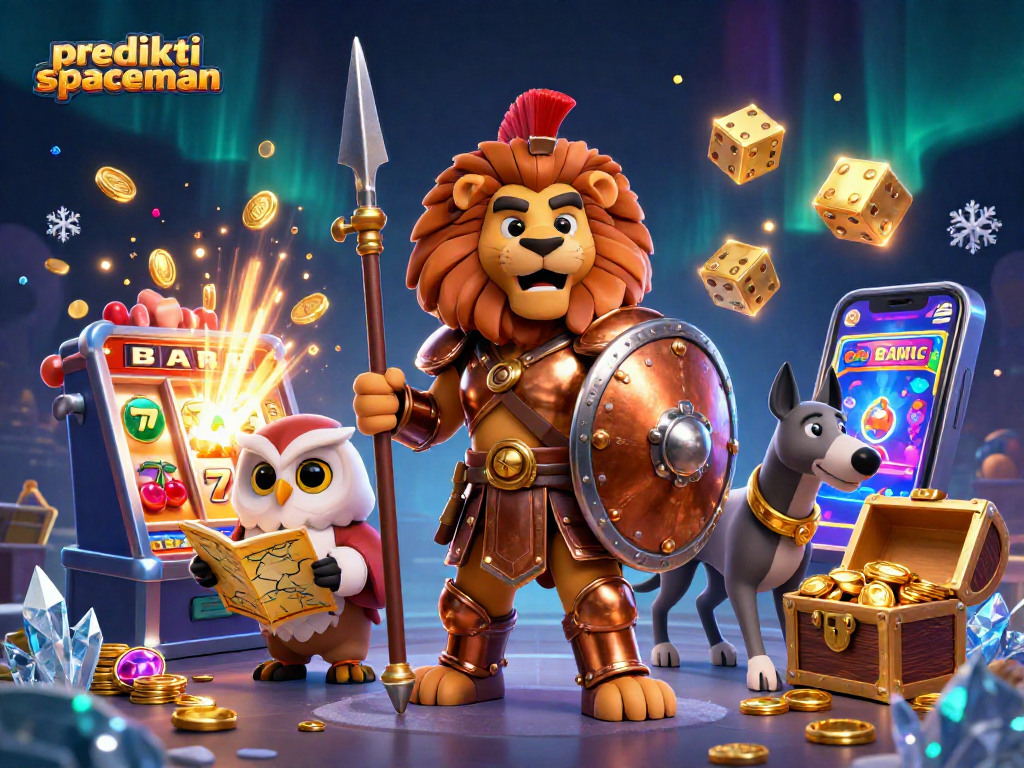 Spin to win on prediksi spaceman with a lively scene of a Spartan lion, owl strategist, and greyhound messenger amid casino excitement.