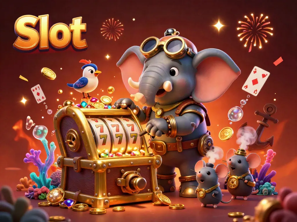 Slot menggandeng karakter gajah steampunk yang mengoperasikan mesin slot berkilau, dikelilingi harta karun.