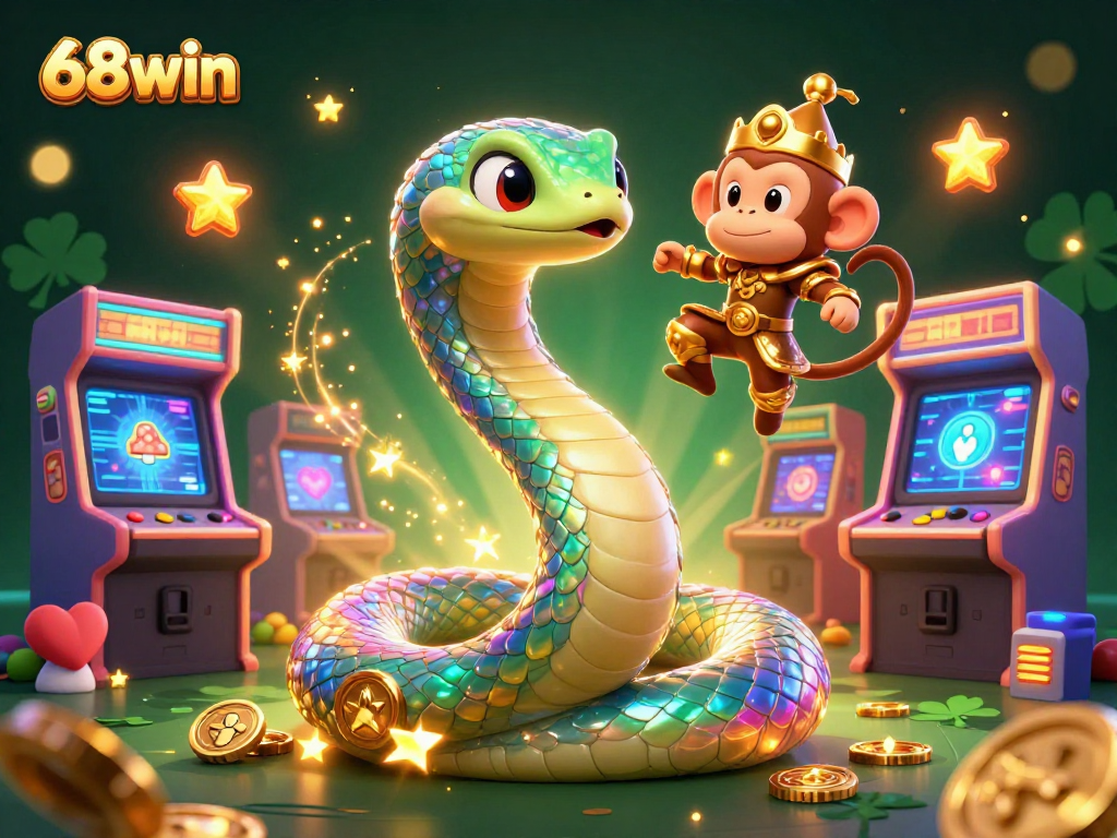 Engage with 68win's vibrant online gaming world through a 3D illustration featuring a colorful scene with a serpent and gaming elements.