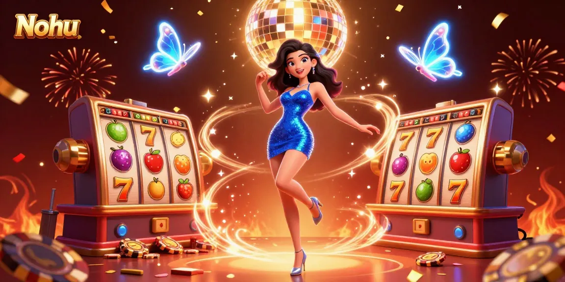 Nohu showcases vibrant online casino action with spinning slot reels, dynamic celebration, and glamorous atmosphere.