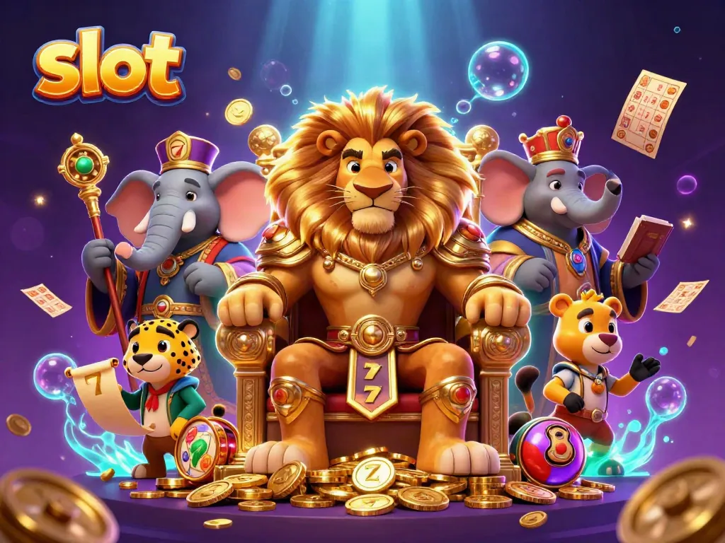 Engaging slot-themed digital illustration showcasing a regal lion, wise elephant, and agile cheetah amidst vibrant casino elements.