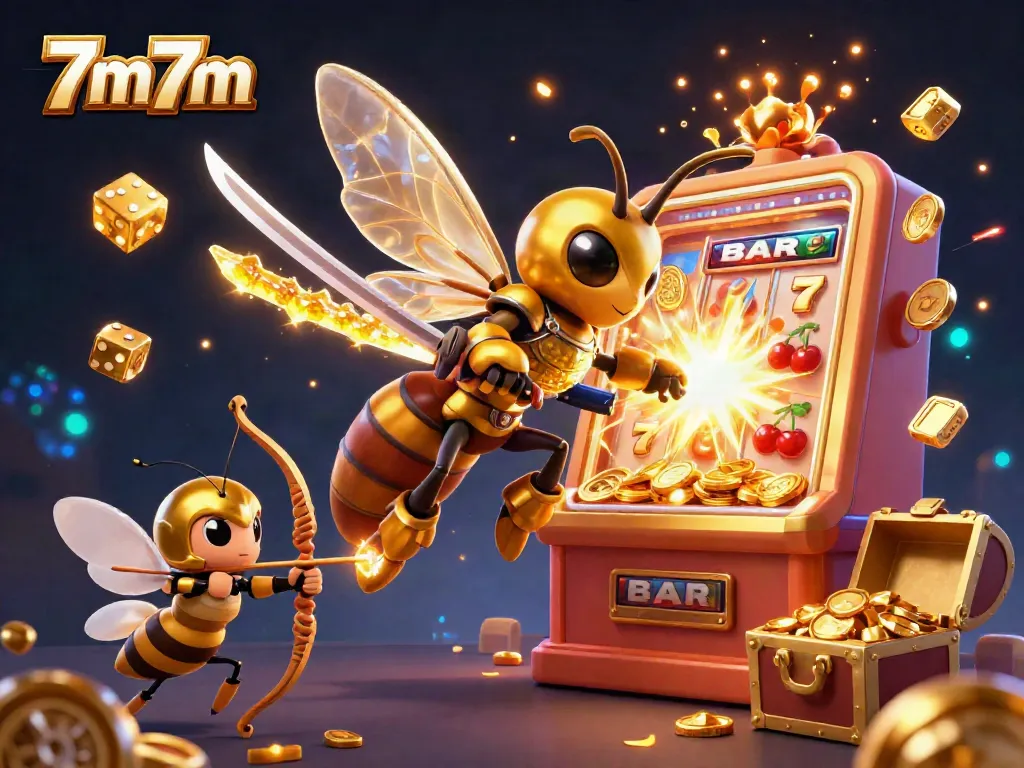 Experience the excitement of 7m7m with a dazzling 3D illustration showcasing a golden hornet samurai in a vibrant casino atmosphere filled with jackpots.