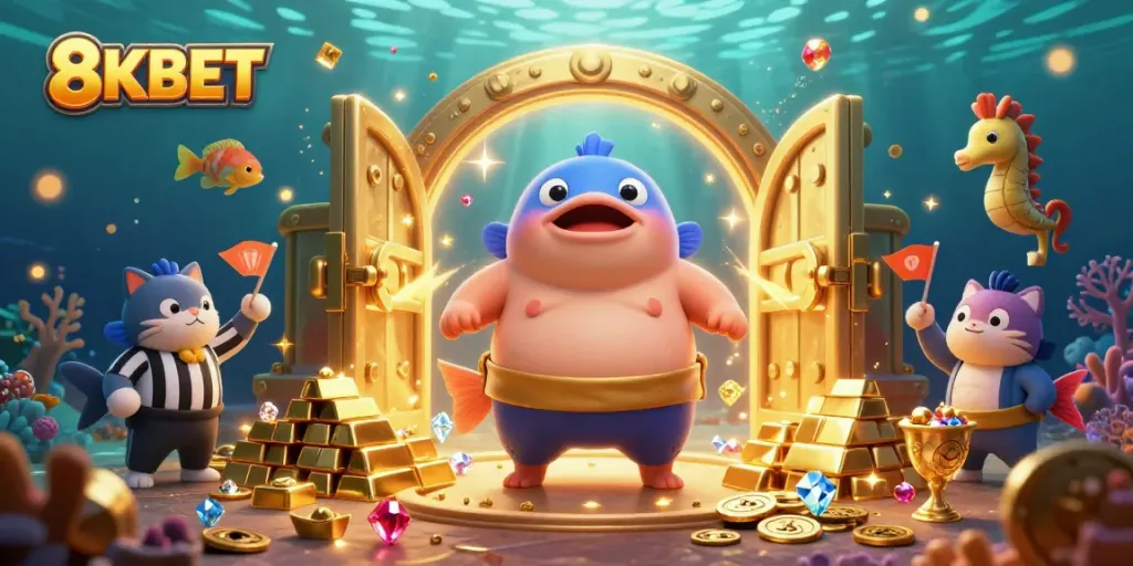 8KBET showcases an exciting underwater casino scene with a fugu and fish shooting elements, featuring vibrant characters and treasure.