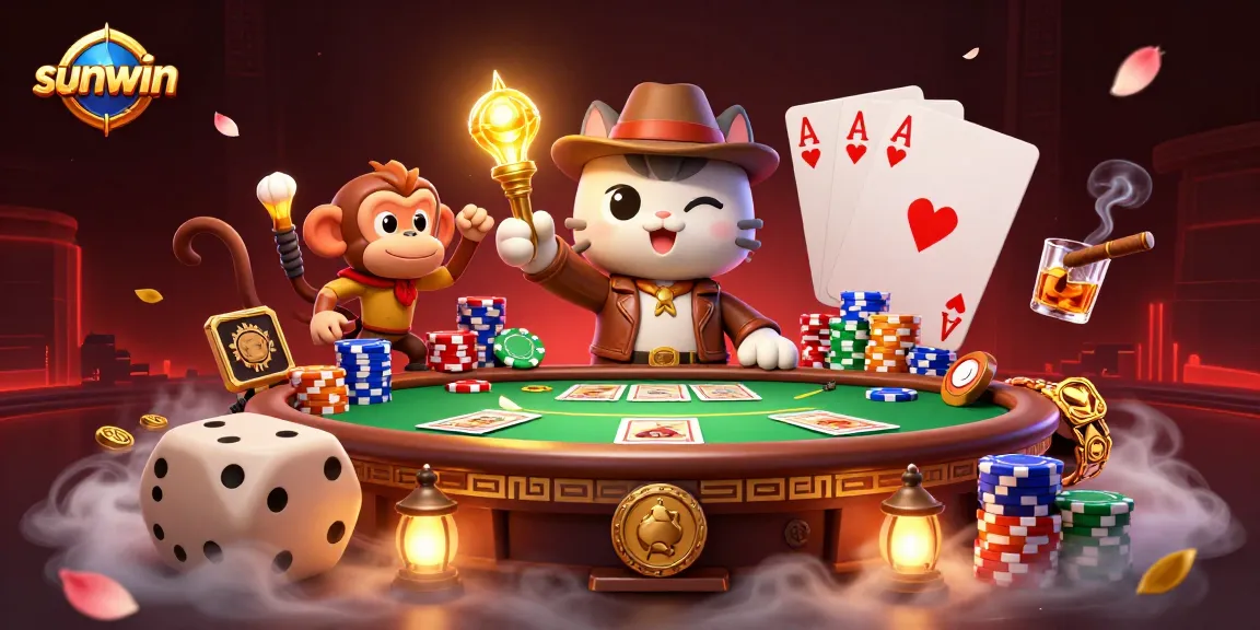 Engage in thrilling gameplay at Sunwin's vibrant casino scene with an archaeologist cat and monkey.