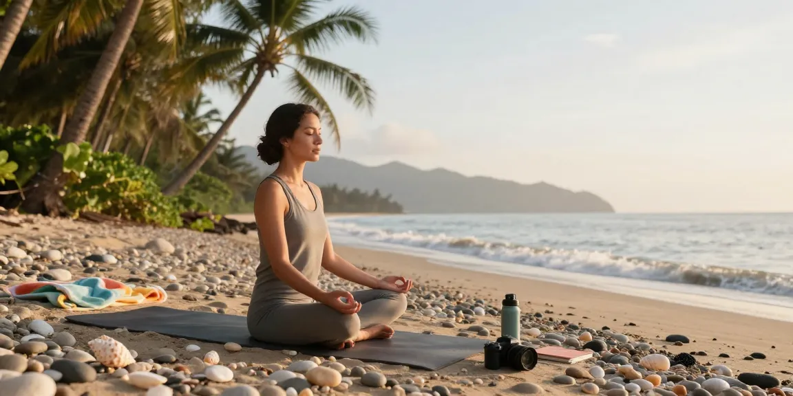 Individual meditating on the beach during sunrise, promoting Motchill wellness.