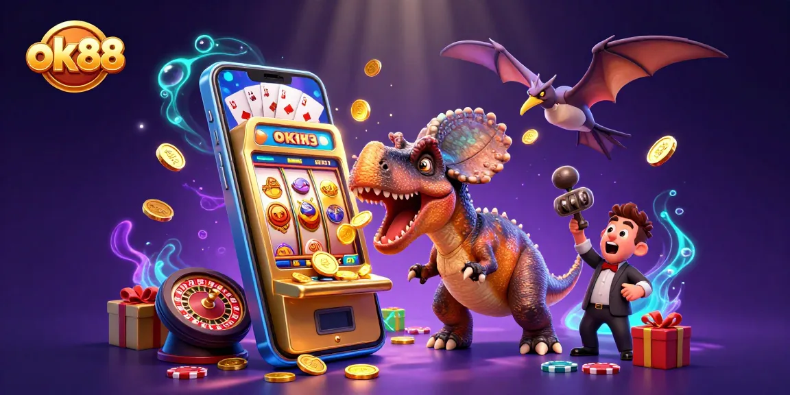 ok88 ignites excitement in a vibrant casino scene with dinosaurs, coins, and games.