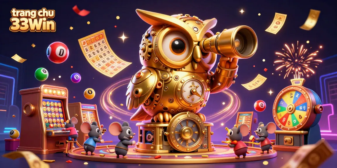 Experience the excitement of trang chu 33Win with a vibrant 3D casino scene filled with games and characters.