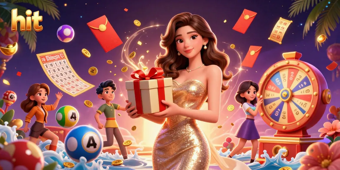 Experience hit casino excitement with a glamorous Asian woman holding a gift box of golden coins.