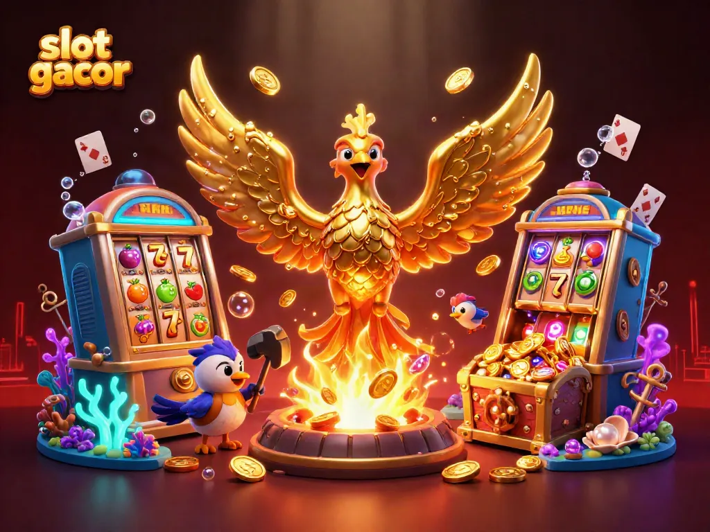 Experience slot gacor energy with a molten phoenix and packed casino visuals in a vibrant scene.