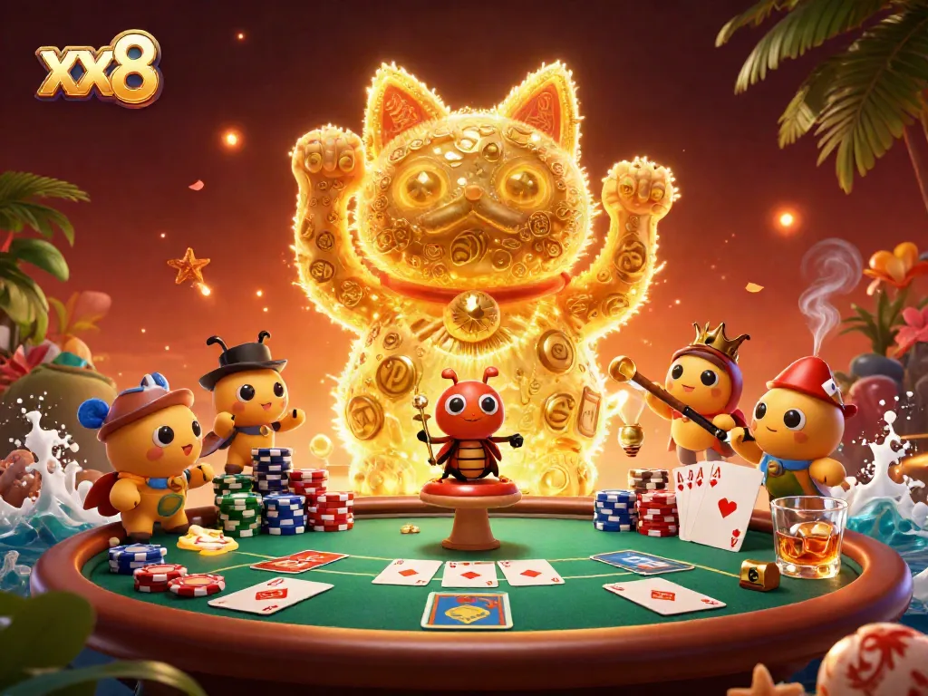 Experience the excitement at xx8 casino with a vibrant scene of a lucky cat and poker elements.