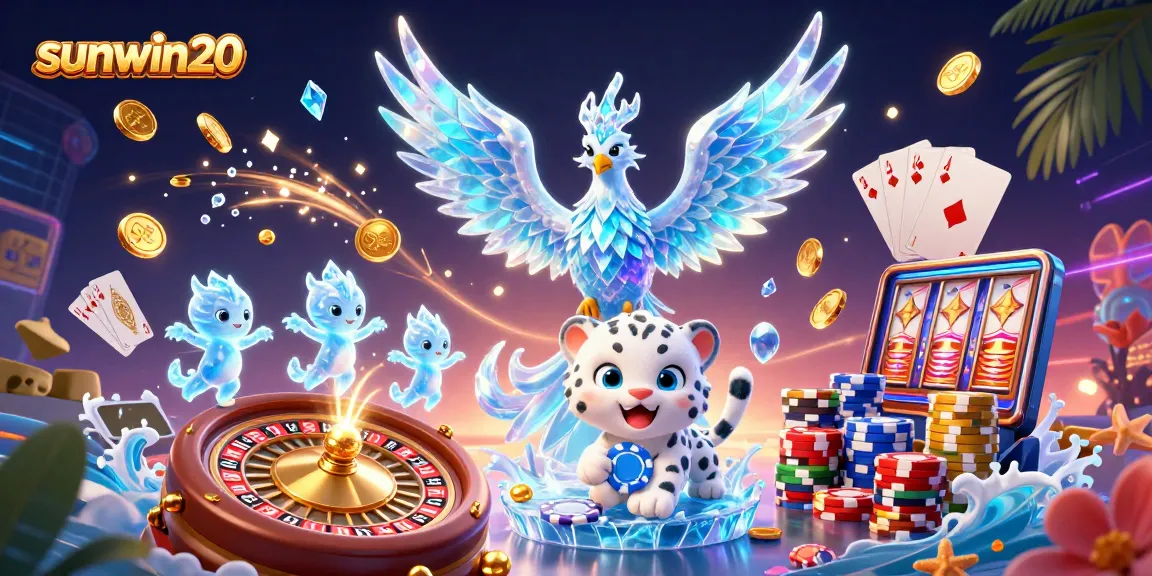 Engage in thrilling gameplay with sunwin20, featuring ice-themed characters amidst cascading coins and poker elements.