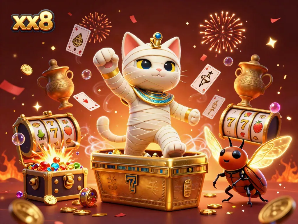 Experience the thrill of xx8 with a lively illustration featuring a mummy cat and casino game elements.