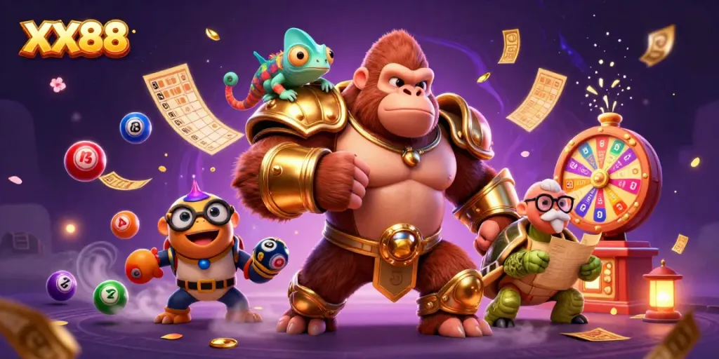 Experience thrilling gameplay with XX88 as a powerful gorilla king and colorful elements interact!