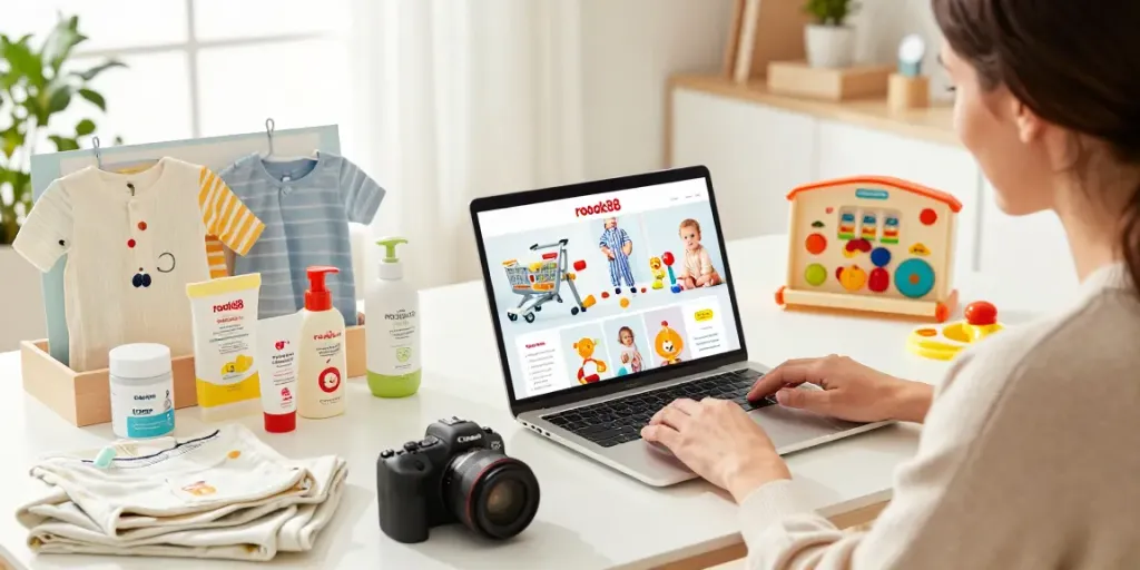 Shopping scene featuring rokok88 products with a parent joyfully selecting baby essentials online.