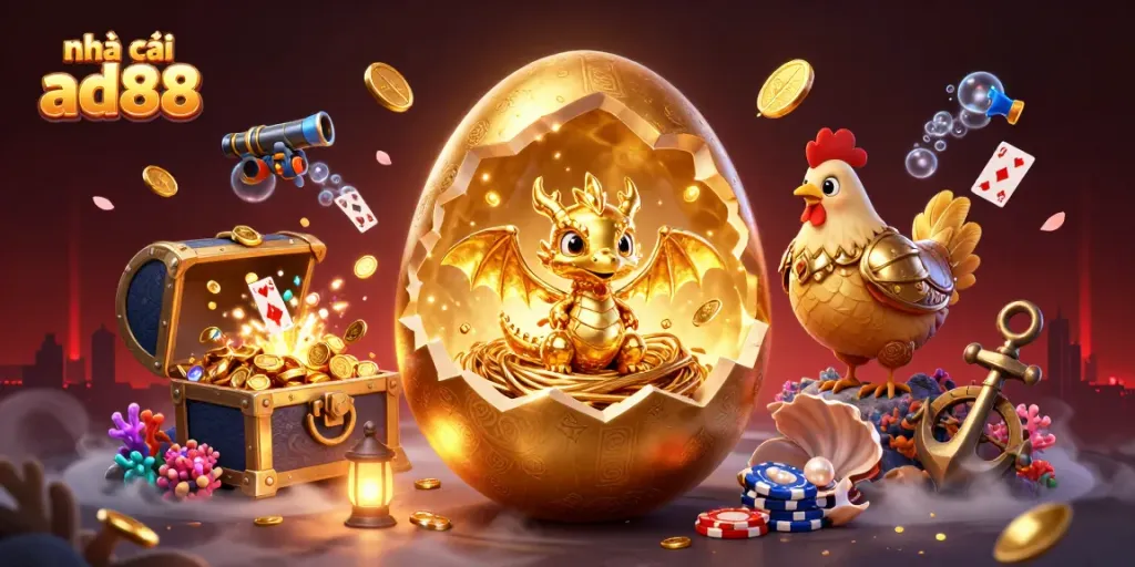 Engage in thrilling gameplay at nhà cái ad88 with dynamic golden dragon and poker chips, surrounded by colorful treasures.