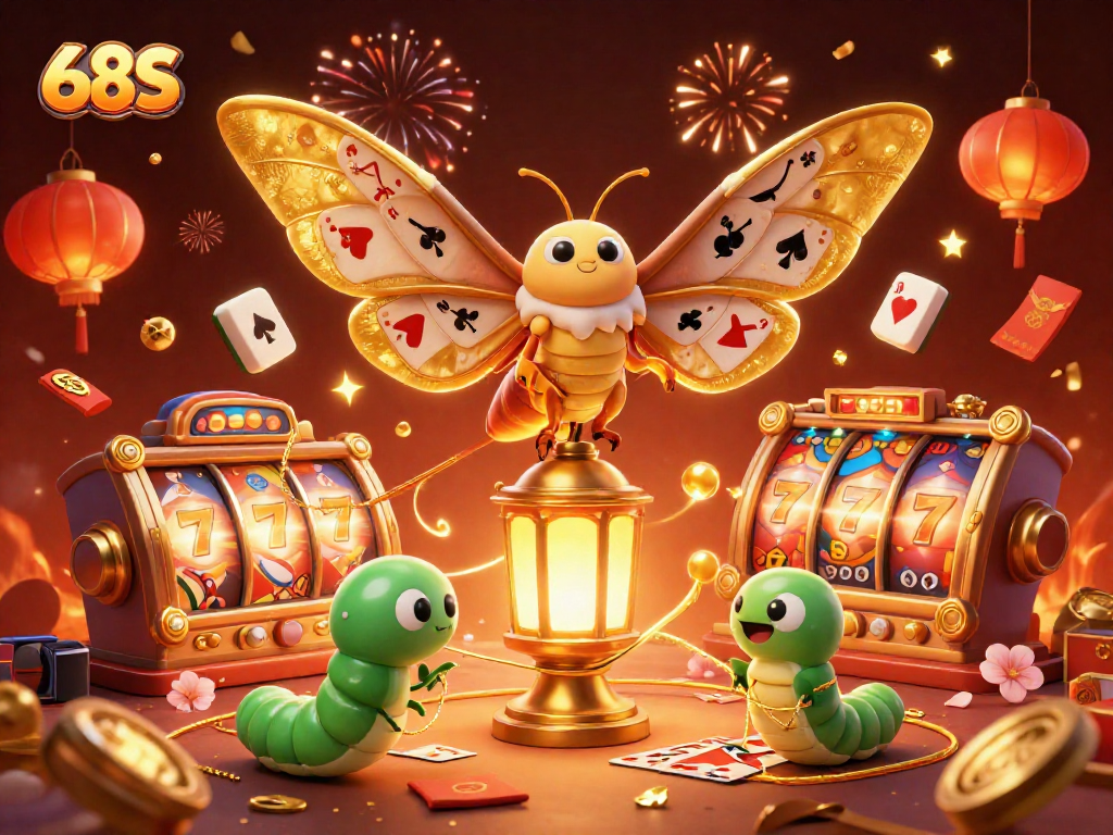 Ilustração 3D vibrante da marca 68S com elementos de cassino, mostrando uma mariposa e jogos de sorte.