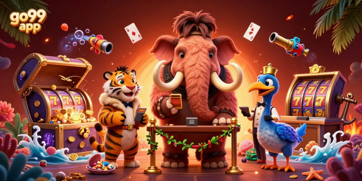 Experience the go99 app with a vibrant 3D scene featuring a mammoth bouncer and exciting casino elements.