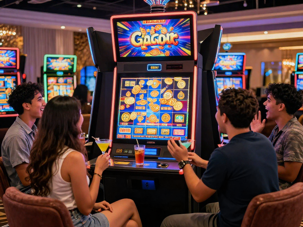Group of friends celebrating a big win at a slot gacor machine in a lively casino.