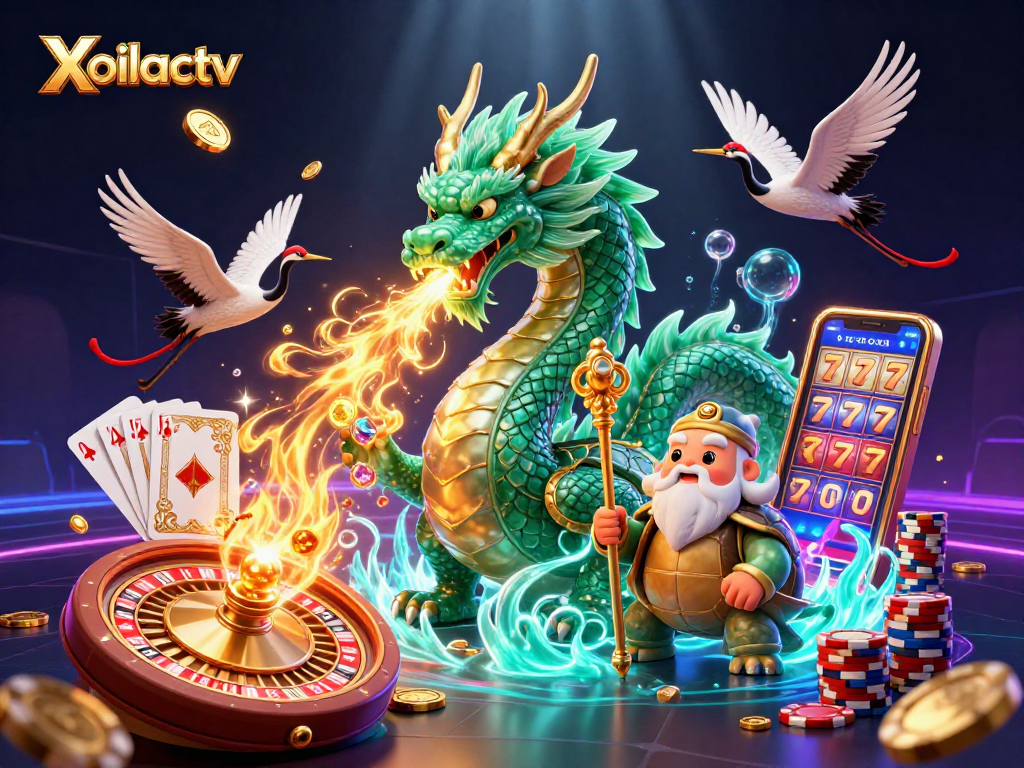 Xoilactv unleashes thrilling casino energy with a dragon, sage, and lucky cranes amidst vibrant gambling elements.