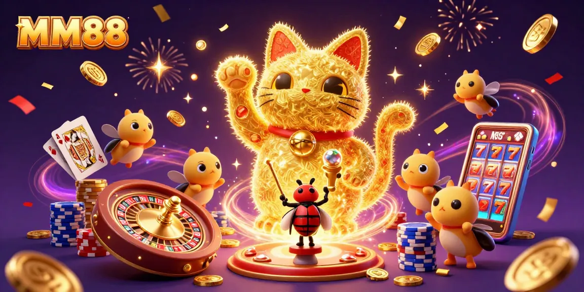Bettors enjoy an immersive MM88 casino environment featuring a golden lucky cat and vibrant game elements.