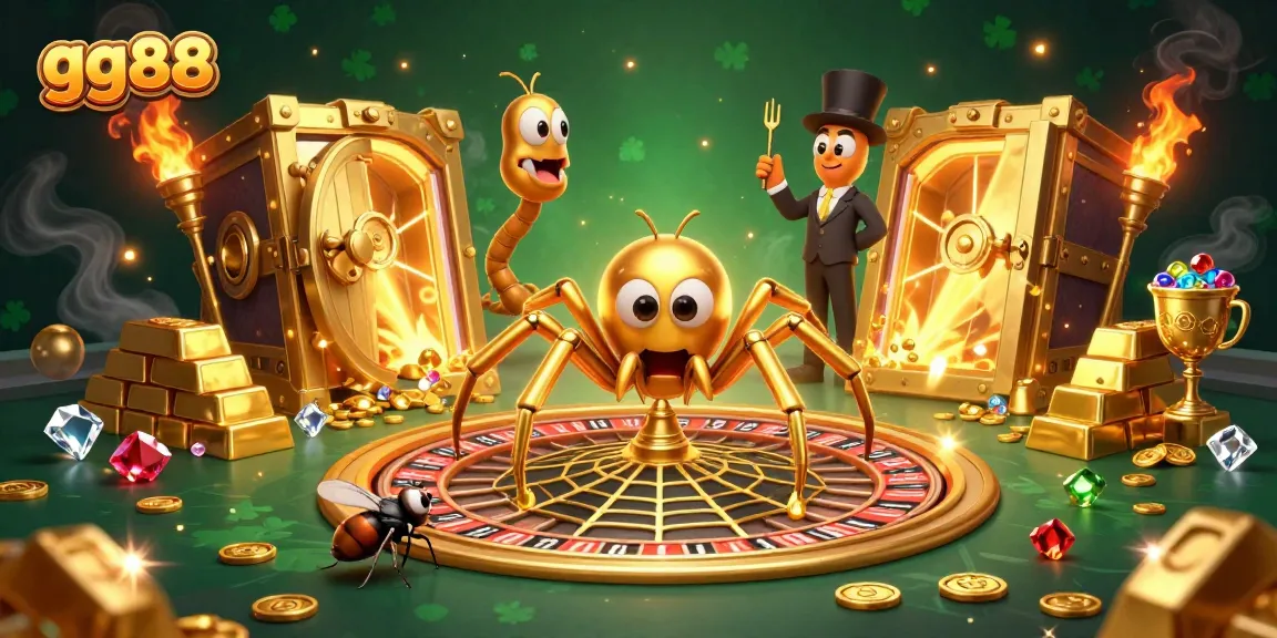 Experience the thrill of betting on gg88 with a dynamic roulette scene featuring a golden spider and vibrant casino elements.