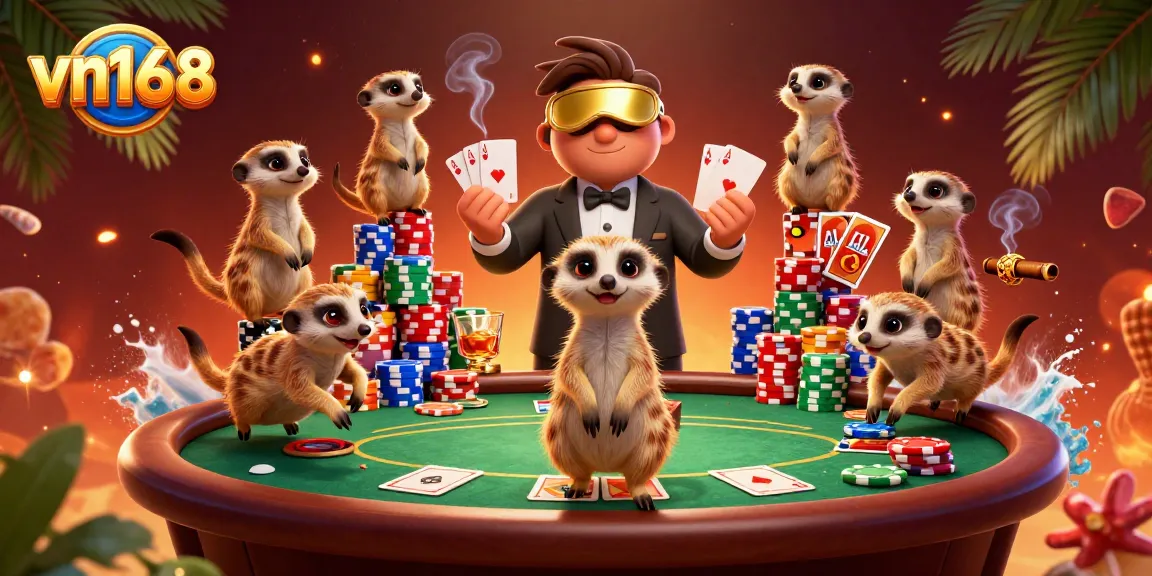 Experience exciting casino action with vn168's cartoon meerkats running games amidst colorful chips and cards.