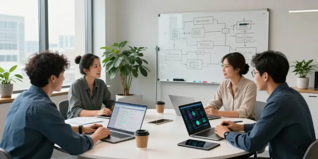 Collaborative team discussing Enterprise AI strategies in a modern workspace.