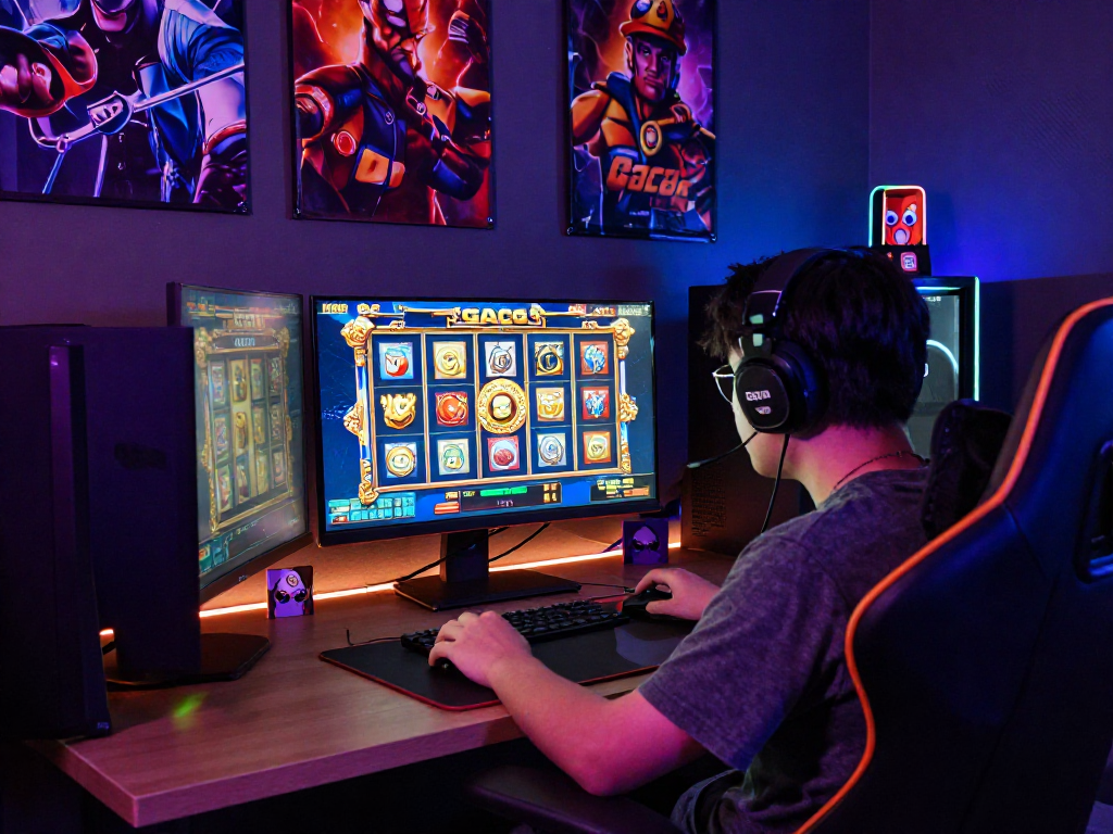 Engaging slot gacor gaming scene with player focused on high-resolution screen and vibrant LED lights.