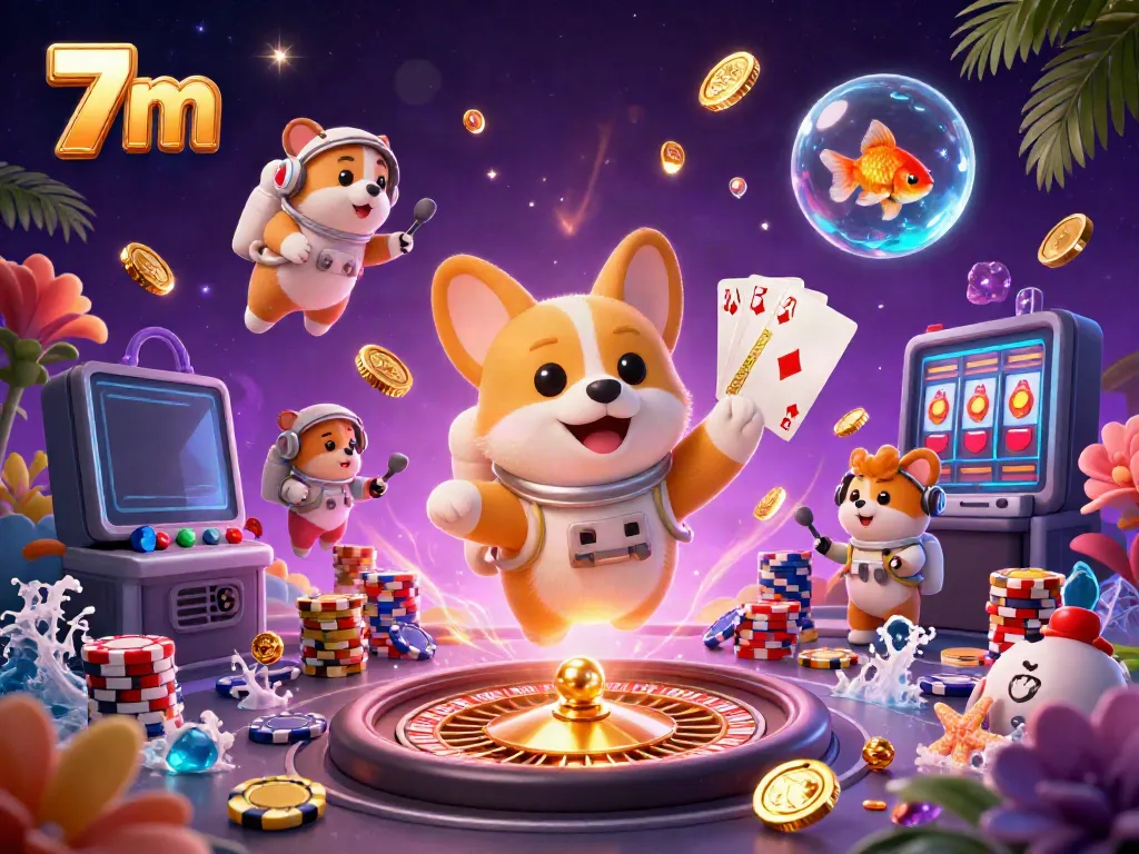 Experience thrilling action with 7 m casino games featuring an astronaut corgi, poker chips, and roulette elements.