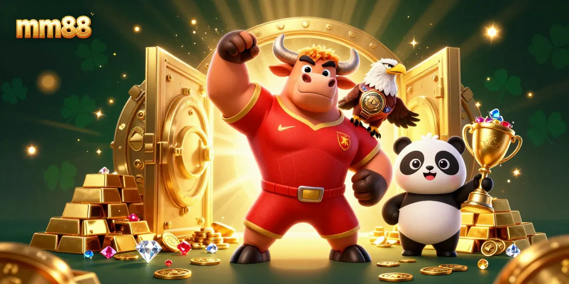 Win big at mm88 with a dynamic scene featuring a bull, eagle, and panda celebrating victory in a casino setting.