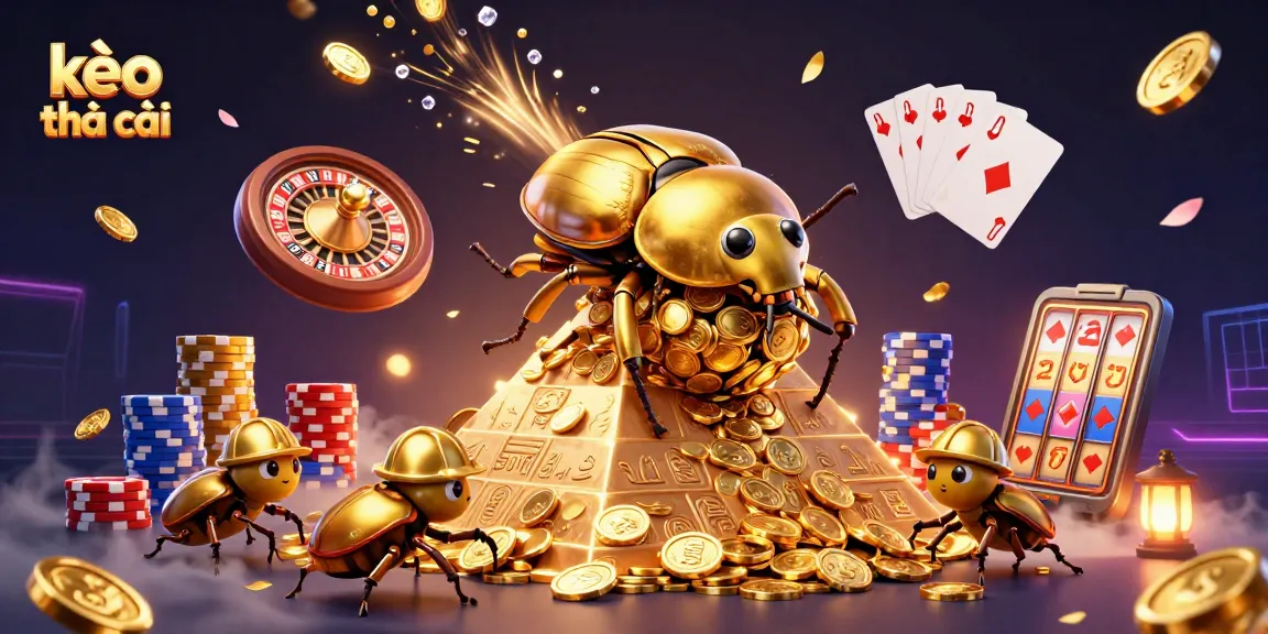 Engage with the kèo nhà cái experience as a golden dung beetle rolls coins on a pyramid with casino elements.