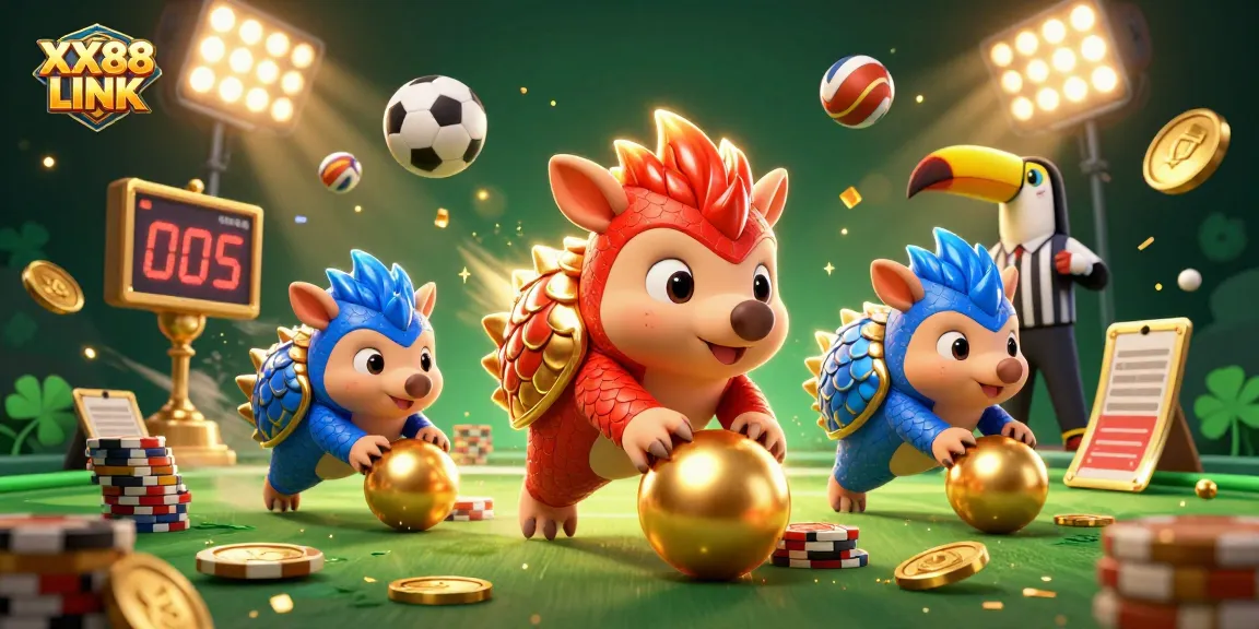 Experience vibrant gaming action with XX88 LINK as rival pangolins compete among golden trophies and coins.