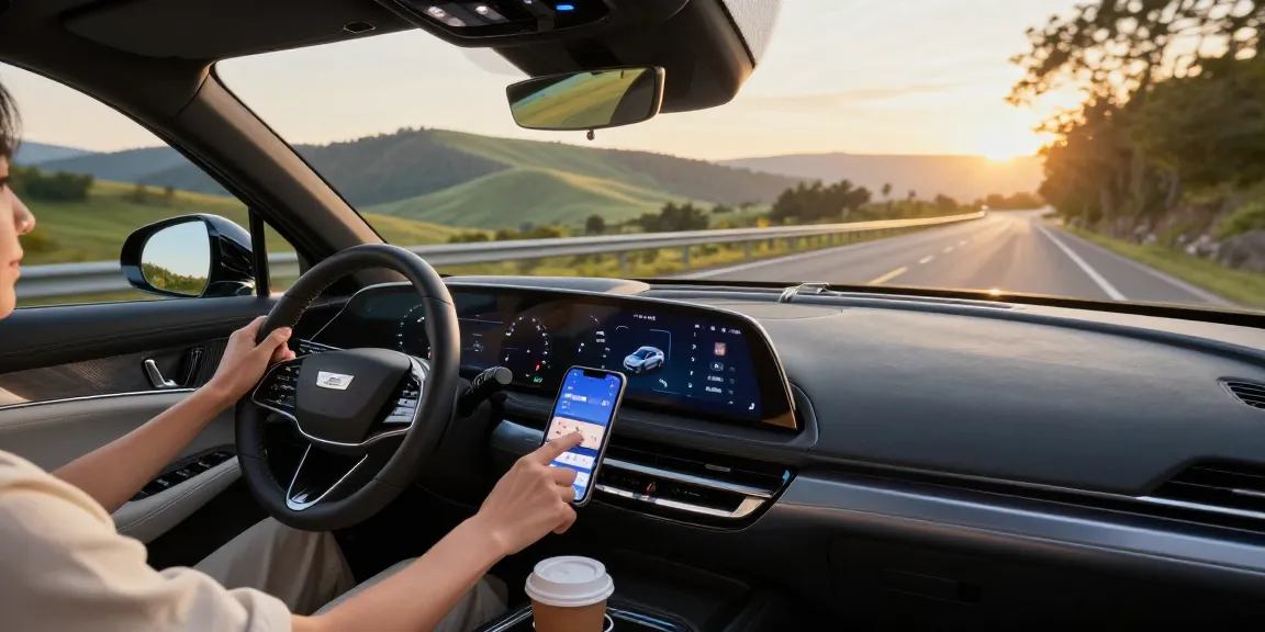 Driver exploring driving modes in Cadillac Lyriq along scenic route, demonstrating how the driving modes in Cadillac Lyriq offer different ranges or battery usages.