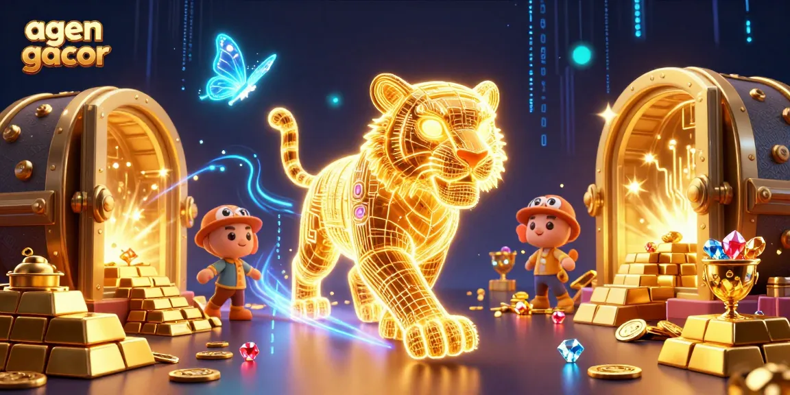Experience the thrill of 'agen gacor' in an energetic casino scene featuring a neon tiger and treasures.
