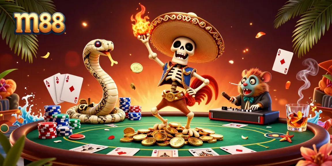 Experience the thrill of m88 with our vibrant 3D illustration of a festive casino scene featuring dynamic gaming action.